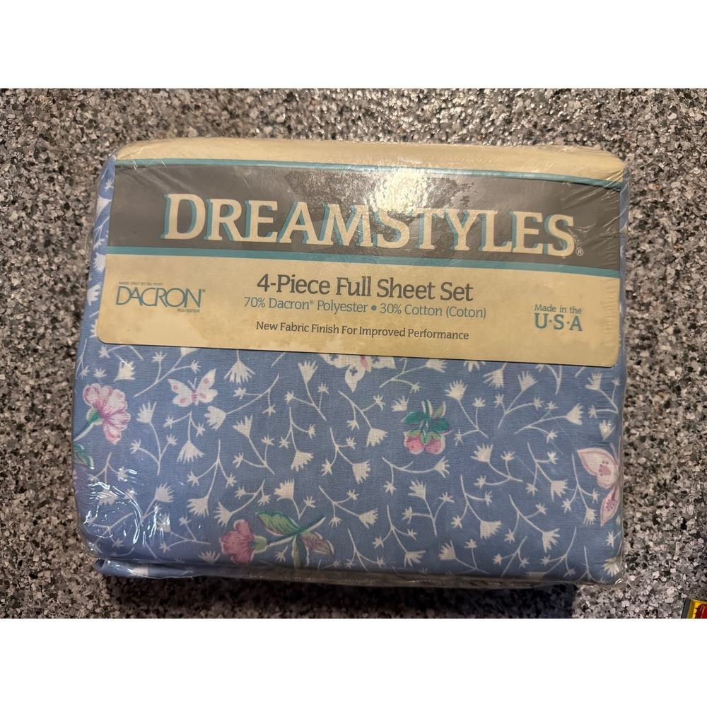Vintage Dreamstyles Butterfly Lace 4-Piece Full Sheet Set Blue Floral USA Made